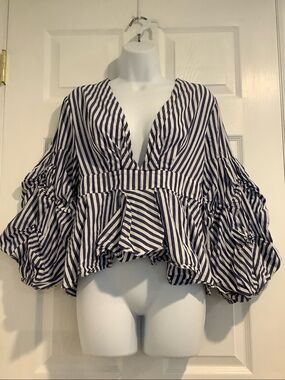 AVEC 100% Cotton Blue/White Ruffle Puffy Sleeve Nautical Coastal Peplum Top L